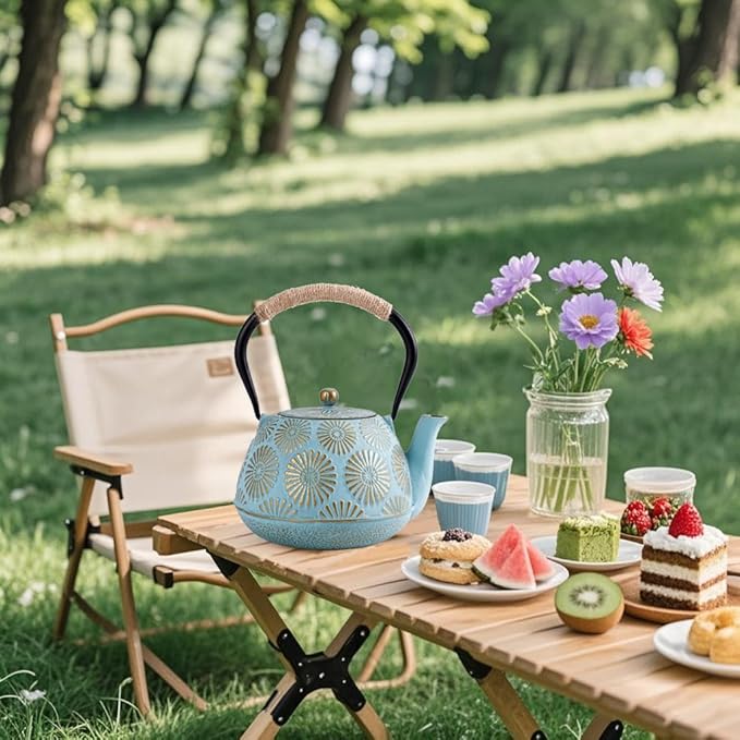Japanese Tetsubin Cast Iron Teapot, 40oz (1200ml) Enamel-Coated Stovetop Kettle with Stainless Steel Infuser & Heat-Resistant Handle, Traditional Iron Pot for Tea Ceremony (blue and gold)