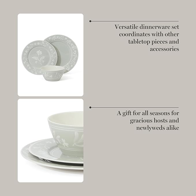 Martha Stewart Maiden Crown 12-Piece Sage Green Dinnerware Set – New Bone China Ceramic Plates & Bowls – Floral Design – Service for 4 – Microwave & Dishwasher Safe