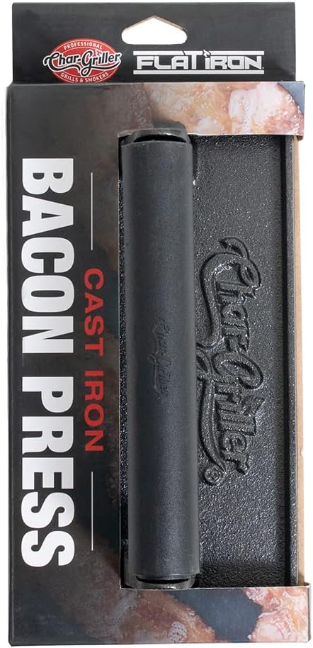 Char-Griller® Flat Iron Griddle Bacon Press Outdoor Kitchen Accessory, Durable Cast Iron Material, for Even Cooking and Crispy Results on Flat Top Griddles, Model 8814