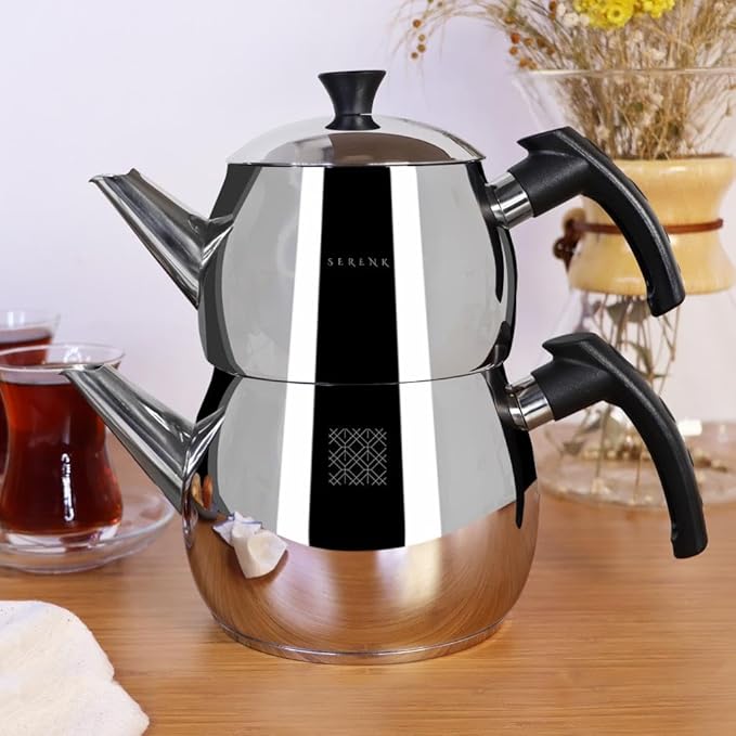 Serenk Modernist Stainless Steel Teapot | 1 L Top, 1.5 L Base, Induction Ready, Mirror Finish, Cool-Touch Handles, Elegant, Durable, Dishwasher Safe