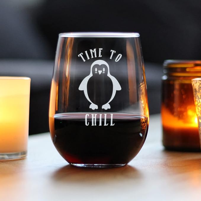 Bevvee Time to Chill - Stemless Wine Glass - Funny Penguin Themed Gifts and Decor - Large 17 oz