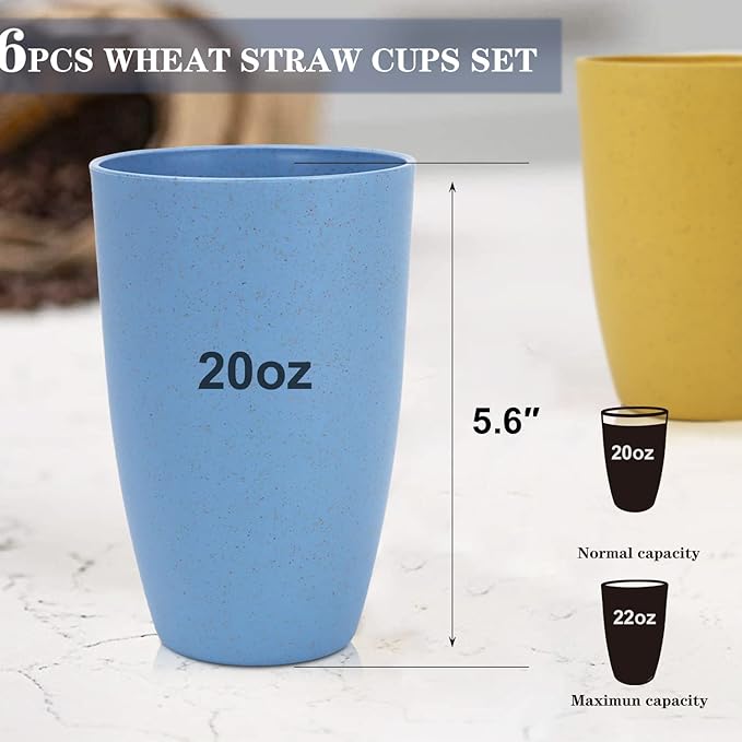 Homienly Unbreakable Plastic Cups Set Wheat Straw Cups 20 OZ Drinking Glasses Reusable Cups for Kitchen Outdoor Stackable Tumblers Water Glasses Drinking Set Freezer Dishwasher Safe (6 PCS, Multi)