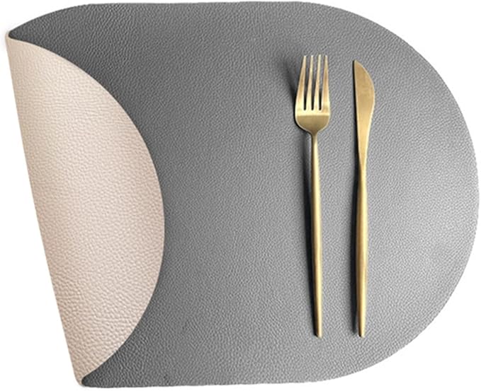 Set of 1/4 Faux Leather PU Placemats Black Oval Round Dinning Table Mats Wipeable Plate Round Mats Nordic Style(DS Grey Cream,44x30cm 1pcs)