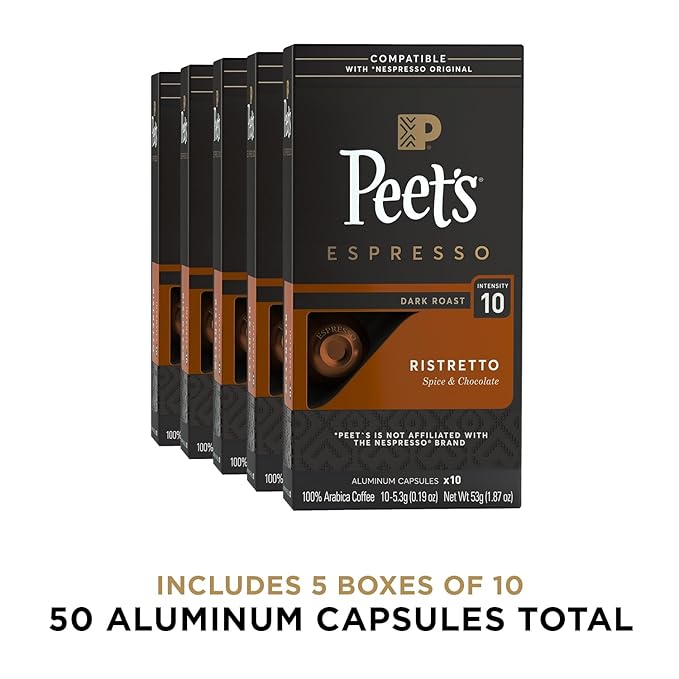 Peet's Coffee, Dark Roast Espresso Capsules, Compatible with Nespresso Original Machine, 100% Arabica Coffee - Ristretto Intensity 10, 50 Count (5 Boxes of 10 Espresso Capsules)