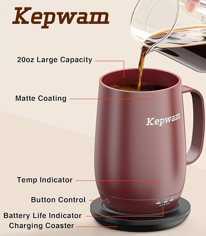 Kepwam Heated Coffee Mug T2-Plus, 20oz Leading Large Capacity Self Heating Mug, Up to 8 Hrs Battery & Hot Up to 149℉, Smart Coffee Mug for Women, Men