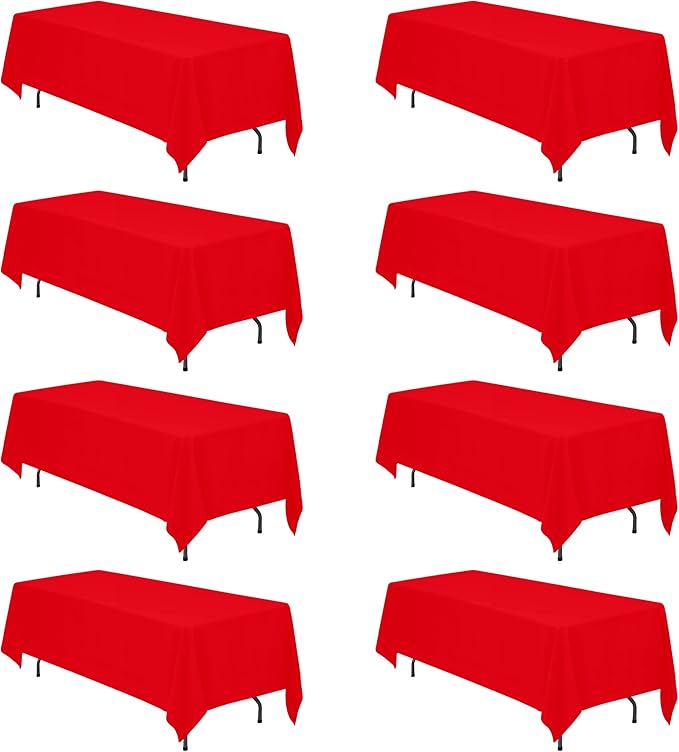 BRILLMAX 8 Pack Red Tablecloths 70 x 120 Inch for 6ft & 8ft Rectangle Tables - 150 GSM Polyester Fabric, Universal Fit, Water, Stain & Wrinkle Resistant Cloth Cover for Wedding Reception Banquet
