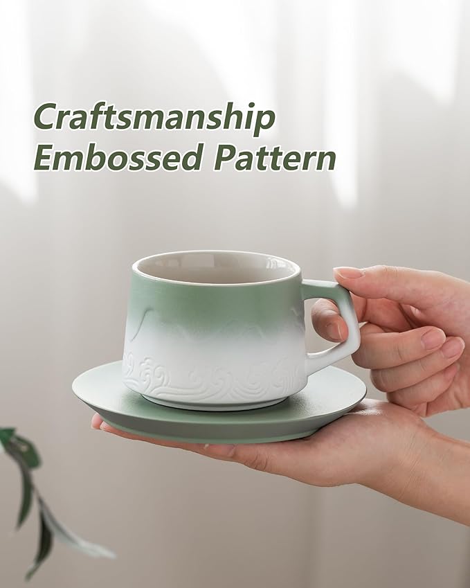 ZENS 8 Ounce Artistic Cappuccino Cups Set of 2, Embossed Ceramic Coffee Mug with Saucers for Latte Art, Moss Green & White
