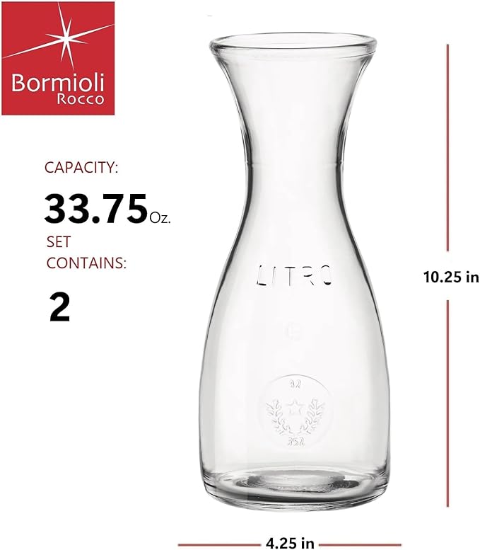 Bormioli Rocco Misura PZ Carafe Set of 2-33.75 Oz. Clear Glass Carafes with Calibration Line for Wine, Water, Juice & Milk - Rounded Base Flared Top Drinkware for Dining, Kitchen & Serving