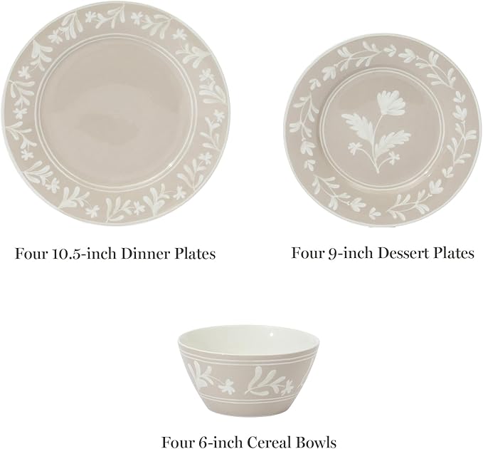 Martha Stewart Maiden Crown 12-Piece Taupe Dinnerware Set – New Bone China Ceramic Plates & Bowls – Floral Design – Service for 4 – Dishwasher & Microwave Safe