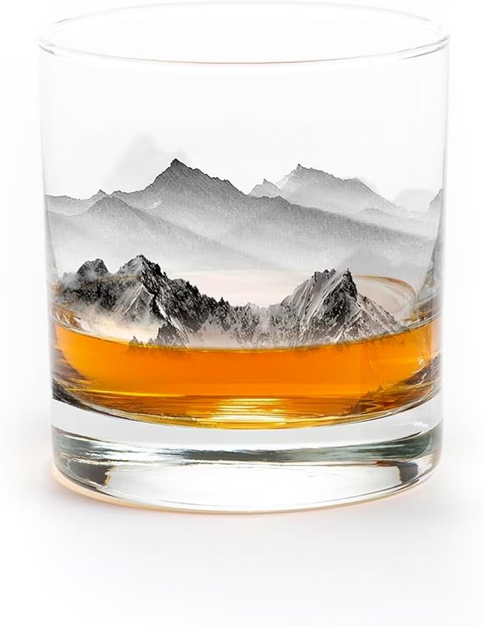 Black Lantern Mountain & Clouds 11oz Rock Glass – Screen-Printed Nature Tumbler for Bourbon, Scotch, and Cocktails – Durable Heavy-Base Glassware