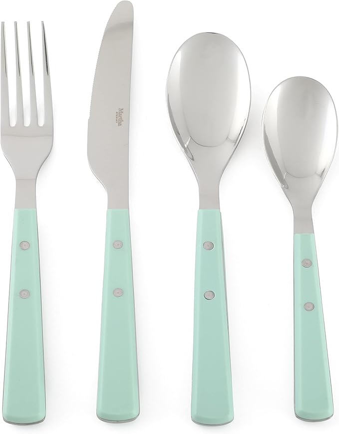 Martha Stewart Watercliffe 16 pc Flatware Silverware Set - Stainless Steel Utensils - Forks, Spoons, Knives - Martha Blue