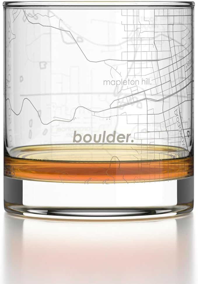 Well Told Engraved Boulder Colorado Map Rocks Glass, Old Fashioned Glassware (11 oz, Clear) Etched Bourbon Tumbler, Gifts For Whiskey Lovers