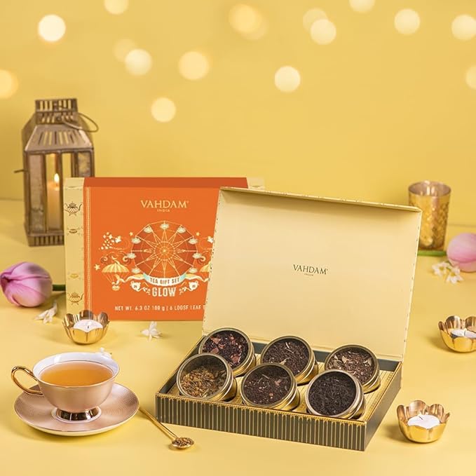VAHDAM, GLOW - Assorted Tea Gift Set (6 Loose Leaf Tea) Tin Caddy Presentation Box | Gluten Free, Non GMO | Tea Gift Set for Women & Men