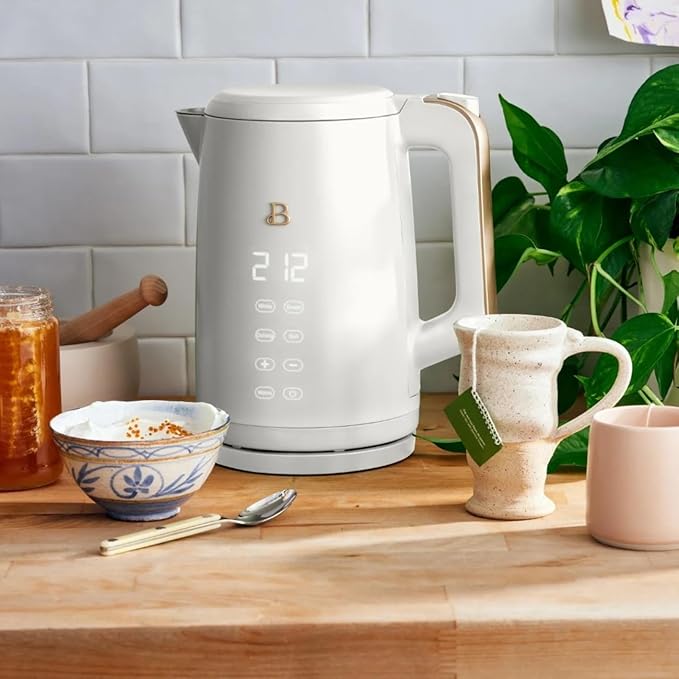 Beautiful 1.7L Electric Kettle, Programmable Temperature, Touch Display, 1500W, Fast Boil, Keep Warm, 4 Presets for Tea & Coffee, Stainless Steel, Auto Shut-Off (White Icing)