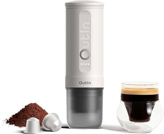 OutIn Nano Portable Electric Espresso Machine, Travel Coffee Maker for Camping, Car Coffee Maker Self-Heating with USB-C, With Ground Coffee & NS Capsule for RV, Hiking, Office