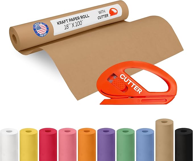 Brown Kraft Paper Roll 18" x 1200" (100 feet) with Cutter - USA-Made Gift Wrapping Paper for Packing, Moving, Shipping & Crafts/Arts - 100% Recyclable Natural Craft Material by IDL Packaging