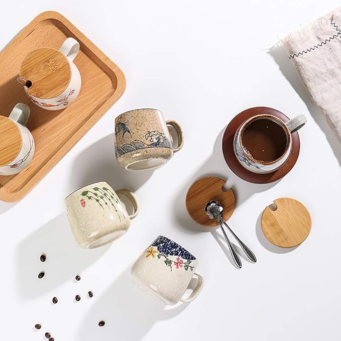 Vintage Coffee Mug Japanese Retro Style Ceramic Cups, 380ml Kiln Change Clay Breakfast Cup Creative Gift for Friends(Style B)