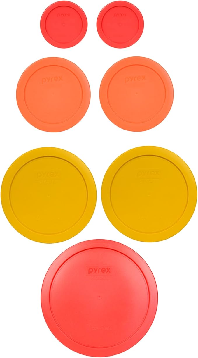 Pyrex (2) 7202-PC 1-Cup Red, (2) 7200-PC 2-Cup Orange, (2) 7201-PC 4-Cup Butter Yellow, & (1) 7402-PC 6/7-Cup Red Lids - Made in USA