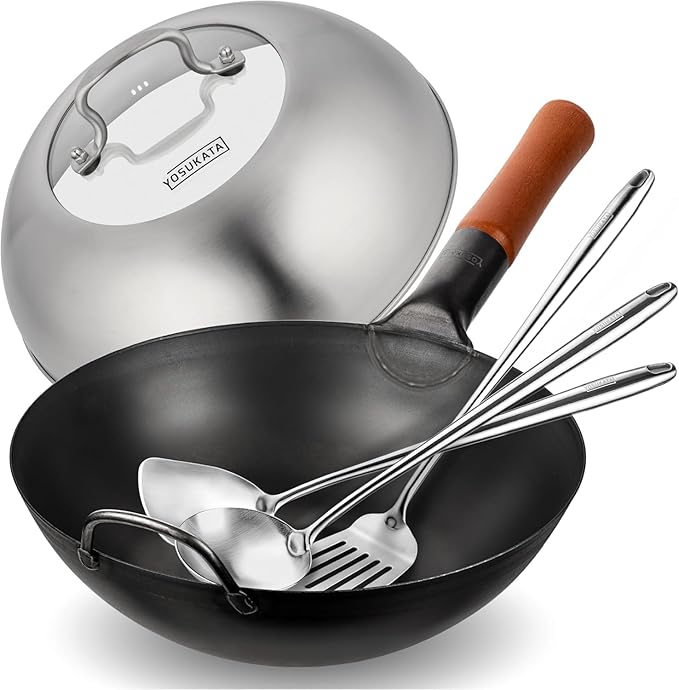 YOSUKATA Carbon Steel 11.8" Stir Fry Wok Pan - Pre-Seasoned Chinese Wok with Flat Bottom + Wok Lid 11.4 In - Premium Stainless Wok Cover with Tempered Glass Insert + 17" Wok Spatula and Ladle
