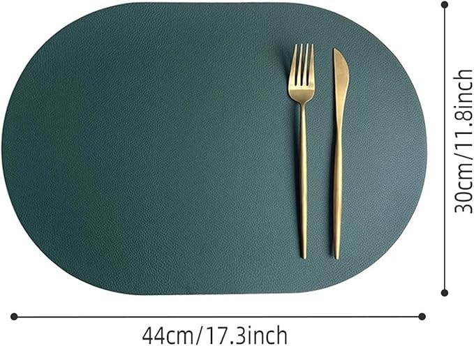 Set of 1/4 Double-Sided Color Oval Placemats Faux Leather PU Dining Table Mats Pads Waterproof Indoor Outdoor Decor(DS Green Cream,44x30cm 4pcs)