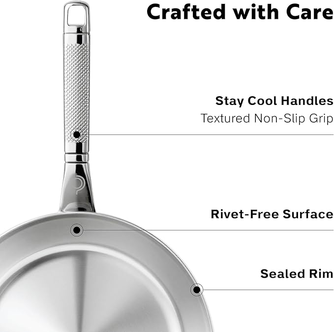 10-Piece Triply Stainless Steel Cookware Set - Fully Clad Pots and Pans Set with 8 Qt Stock Pot, Saute, Saucepan, Frying Pan - Non Toxic Cookware - Induction, Dishwasher & Oven Safe