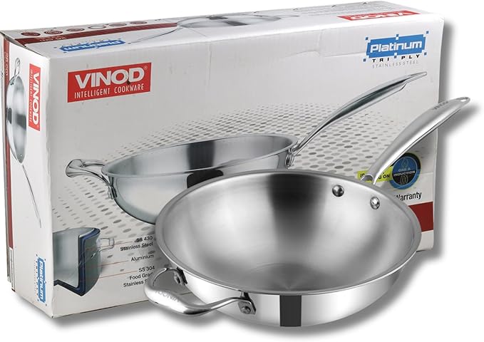 Vinod Platinum Triply Stainless Steel Wok - 3 Litre, 26 cm | Riveted Handle | Stir, Shallow Fry/Noodles/Curry/Fried Rice | Induction Base | - Silver
