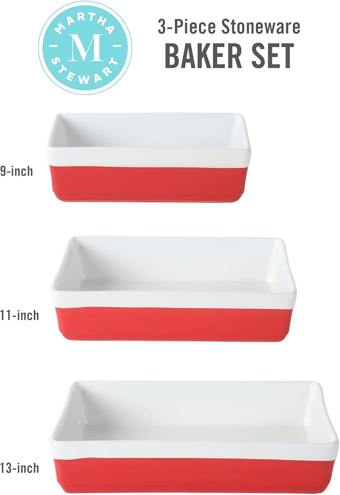 MARTHA STEWART 3-Piece Oven to Table Stoneware Bakeware Set – Baking Dish & Casserole Set – Red – Durable Oven-Safe Bakeware for Baking and Serving