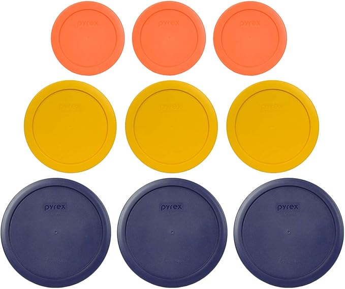 Pyrex (3) 7200-PC 2-Cup Orange, (3) 7201-PC 4-Cup Butter Yellow, & (3) 7402-PC 6/7 Cup Blue Food Storage Replacement Lids - Made in USA