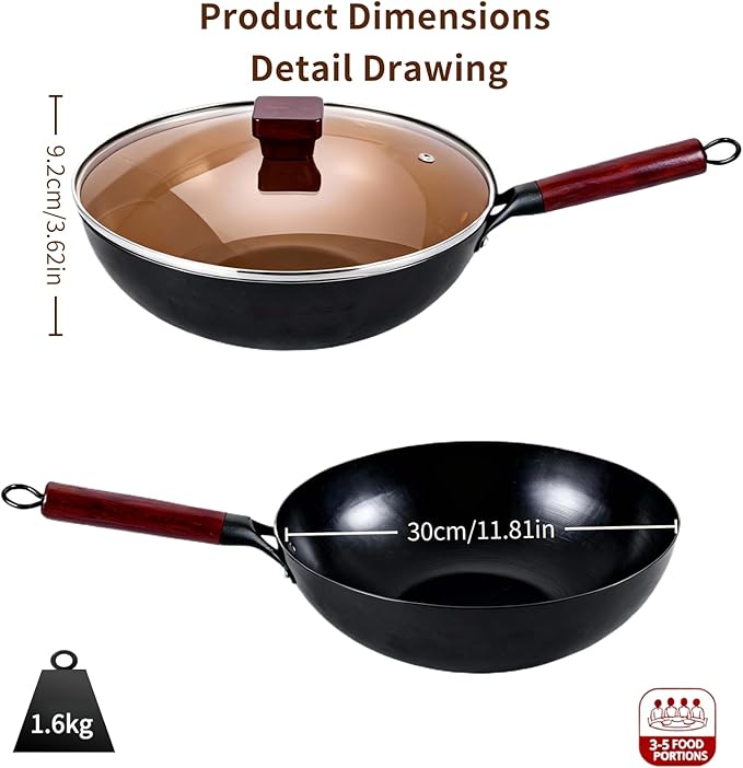 Uncoated Carbon Steel Wok with Wooden Handle (12 Inch) - Traditional Chinese Stir Fry Pan for High Heat Cooking, Non-Toxic, Easy Cleanup, Induction & Stovetop Compatible with Hanging Loop