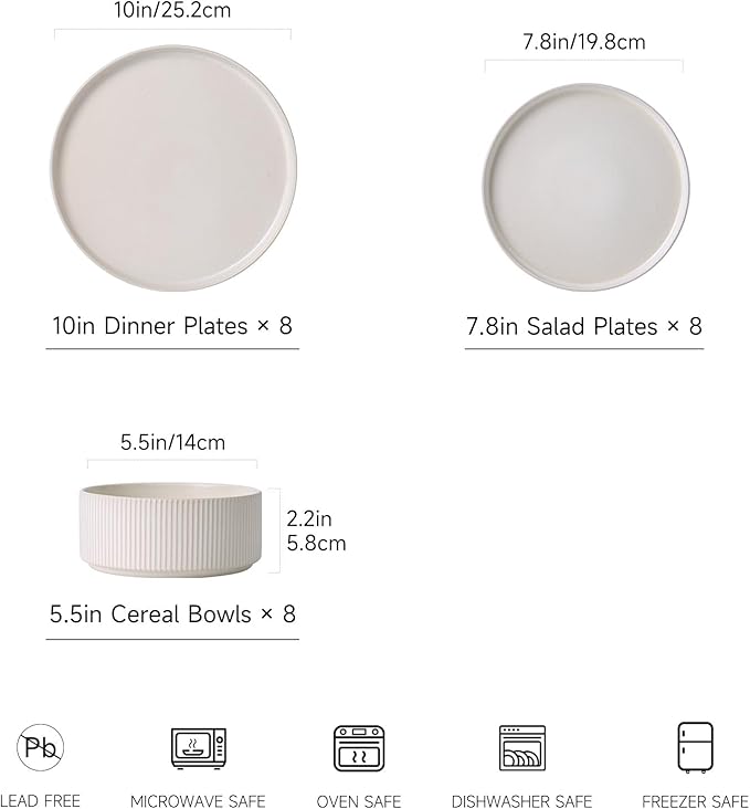 Dinnerware Set Service for 8, 24-Piece Ceramic Plates and Bowls Set, Chip & Scratch Resistant, Microwave and Dishwasher Safe, Modern Minimalist Tableware for Everyday Use, Matte White