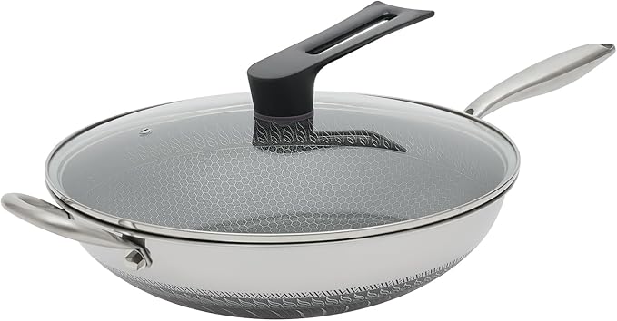 13 Inch Wok Pan with lid, Food-Grade Stainless Steel Woks & Stir-fry Pans Nonstick, Dishwasher and Oven Safe, Cooking Pan Compatible with Gas & Induction Cooker