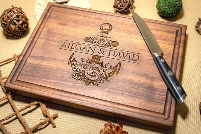 Personalized Cutting Board - Anchor Newlywed Housewarming Gift, Wedding, Engagement Gifts for Couples - Nautical Floral Charcuterie Board, Wood Engraved (Anchor 016)