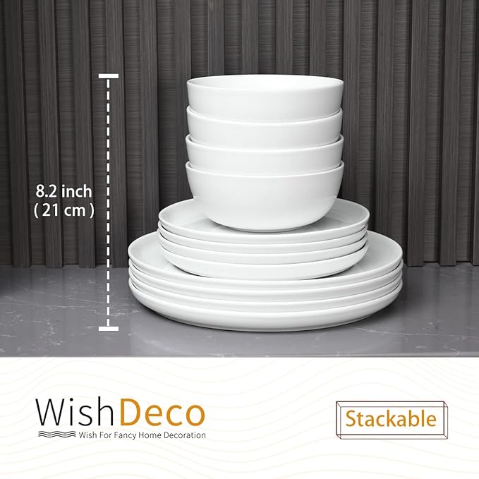 Plates and Bowls Sets, 12 Pieces Dinnerware Sets, Ceramic Dishes Set for 4, White Kitchen Dishware Set, Microwave and Dishwasher Safe