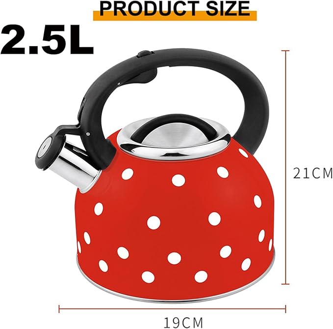 Red and White Polka Dot Tea Kettle, Cute Whistling 2.6 Quarts Tea Pot for Stove Top, Stainless Steel Teapot Stovetop with Cool Grip Ergonomic Handle Gas & Electric Stove Safe(2.5L)