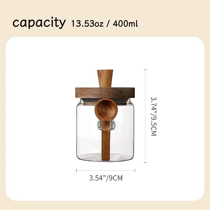 Glass Food Storage Jar with Acacia Wooden Lid and Spoon, Airtight Container for Cereals, Cookies, Snacks, Kitchen Canister Set (1 Pcs, Small/13.5oz)
