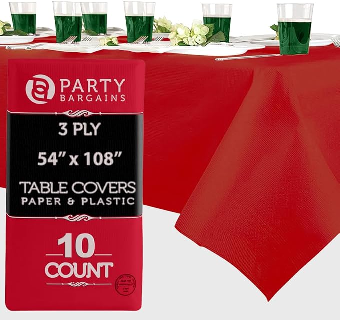 PARTY BARGAINS Disposable Table Covers, 54 x 108 Inch, Real-Red, 3-Ply Paper & Plastic Spill-Resistant Party Tablecloths, 10 Pack