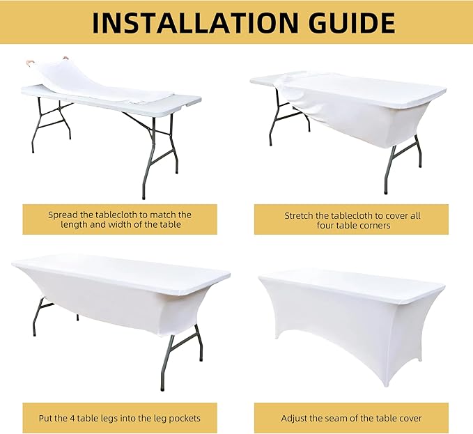 2-Pack 8ft White Spandex Table Covers for Rectangle Folding Tables - Washable Elastic Tablecloth - Ultimate Fitted Table Protector for Birthday Parties, Trade Shows, Banquet