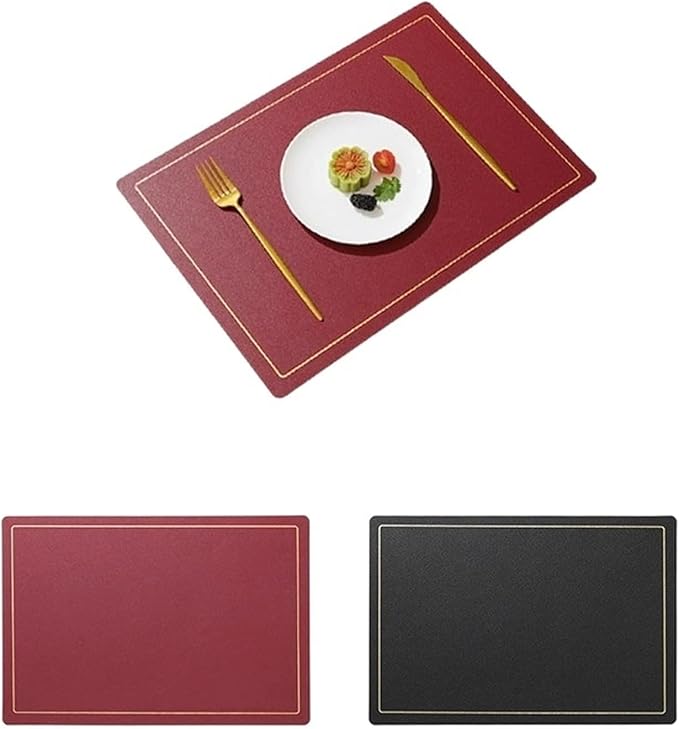 Double-Sided Color Black Red Placemats Set of 1/4/6 Gold Edge PU Leather Place Mats Indoor & Outdoor for Patio Table(SG red Black,4set)