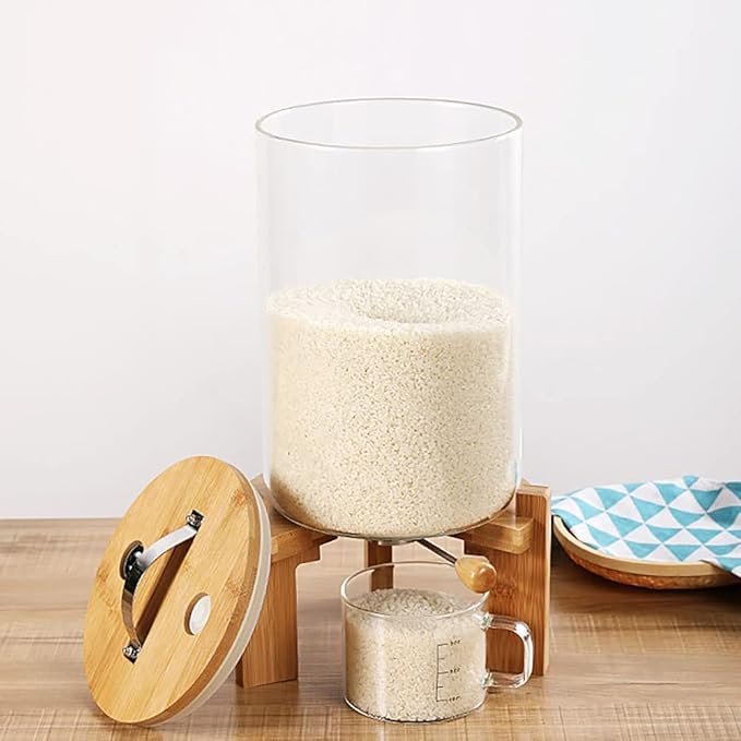 Rice Storage Containers Creative Glass Clear Container Rice Bucket with Measuring Cup and Wooden Stand Kitchen Storage Separate Grain Rice Bucket Cereal Dispenser for Kitchen and Pantry Store (7.5L)