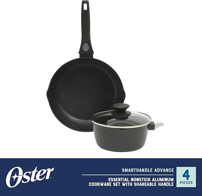 Oster SmartHandle 2-Qt Nonstick Saucepan & 10-Inch Fry Pan with Removable Handle Cookware Set – Oven & Dishwasher Safe, Space-Saving Cookware