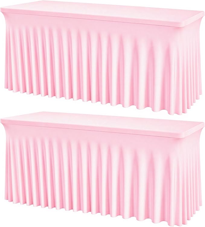 2 Pack Pink 6FT Rectangle Spandex Tablecloths, Stretch Fitted Table Covers for 6 Foot Tables, Wrinkle Free Table Skirts for Wedding Party Birthday Banquet Baby Shower