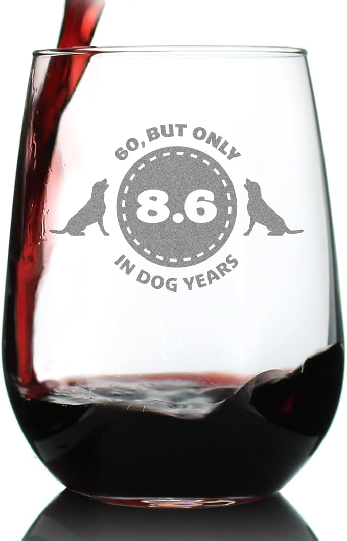 60th Birthday Dog Years - Stemless Wine Glass Gift - Unique Funny Bday Gifts for Women and Men Turning 60 - Large 17 Ounce