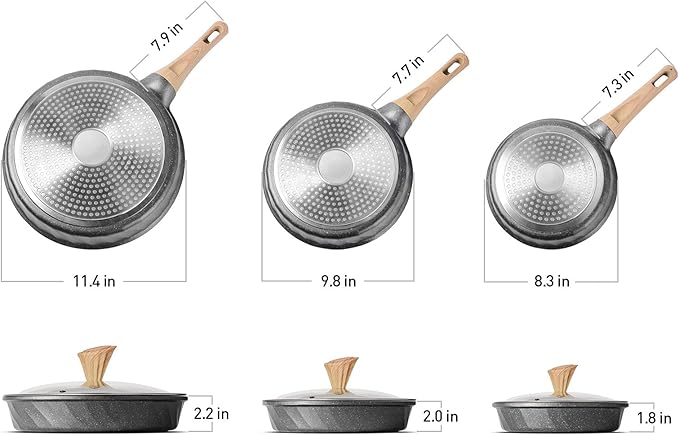YIIFEEO Non Stick Frying Pan Set - Stone Skillet Set, Kitchen Omelette Pans, Induction Chef' Pan Grainte Cookware Set, Nonstick Frying Pans with Lid(8inch&9.5inch&11inch)