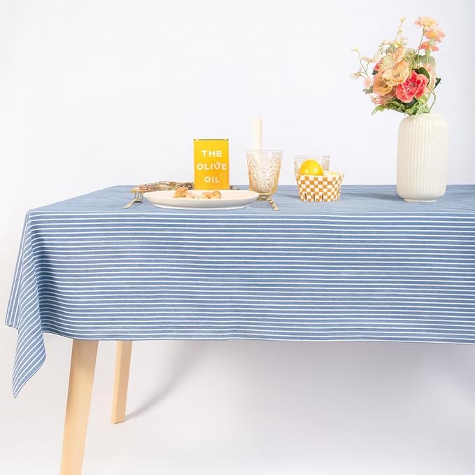 MONDAY MOOSE Striped Farmhouse Picnic Style Decoration Rectangle Natural Stonewashed Cotton Tablecloth for Kitchen, Dining Room, Restaurant (60x102 inch, Blue/White Stripes)