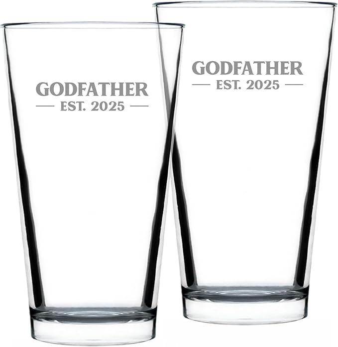 Bevvee Godfather Est 2025 - New Godfather Pint Glass Proposal Gift for First Time Godparents - Set of 2 - Bold 16 Oz Glasses