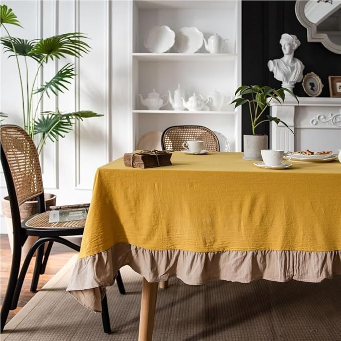 Rectangular Tablecloth Ruffled Yellow Tablecloth Plain Tablecloth Washed Cotton Suitable for Restaurant Camping(Style2,140 * 180cm)