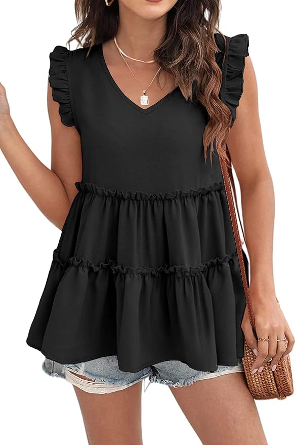 Womens Babydoll Tank Tops V Neck Ruffle Sleeve Pleated Peplum Shirts Summer
