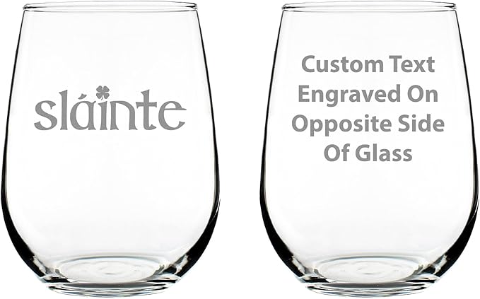 Custom Slainte Irish Cheers - Personalized Stemless Wine Glass - Fun Irish Themed Gifts and Decor - Large 17 Ounce - Customized Wine Glass Gift
