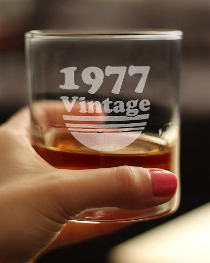 Bevvee Vintage 1977 Whiskey Rocks Glass - 49th Birthday Gifts for Men & Women Turning 49 - Old Fashioned Bday Decor - 10.25 oz