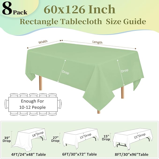 8 Pack Sage Green Table Cloth 60x126 Inch Rectangle Tablecloths for 8 Foot Rectangle Tables, Wrinkle Resistant Washable Polyester Fabric Rectangular Table Cover for Dining Banquet Wedding Party